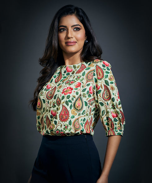 Half Sleeve Printed Chiffon Round Neck Top
